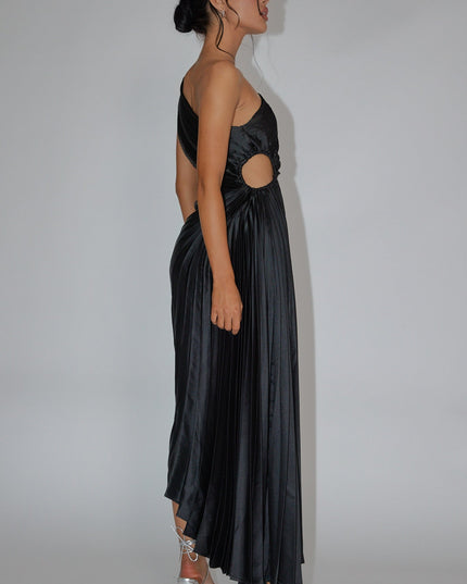 Black One-Shoulder Accordion Pleat Dress