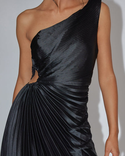 Black One-Shoulder Accordion Pleat Dress