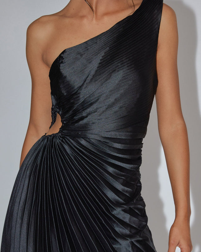 Black One-Shoulder Accordion Pleat Dress