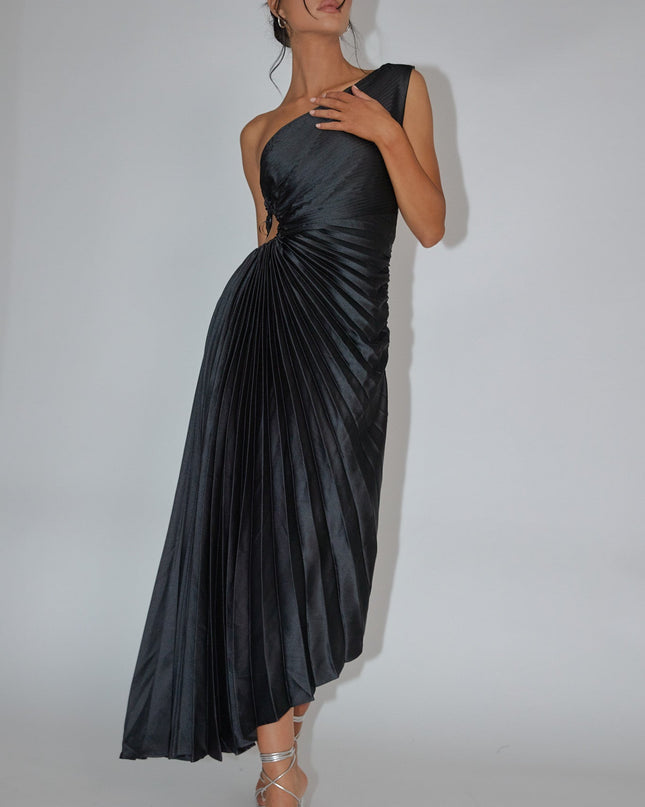 Black One-Shoulder Accordion Pleat Dress