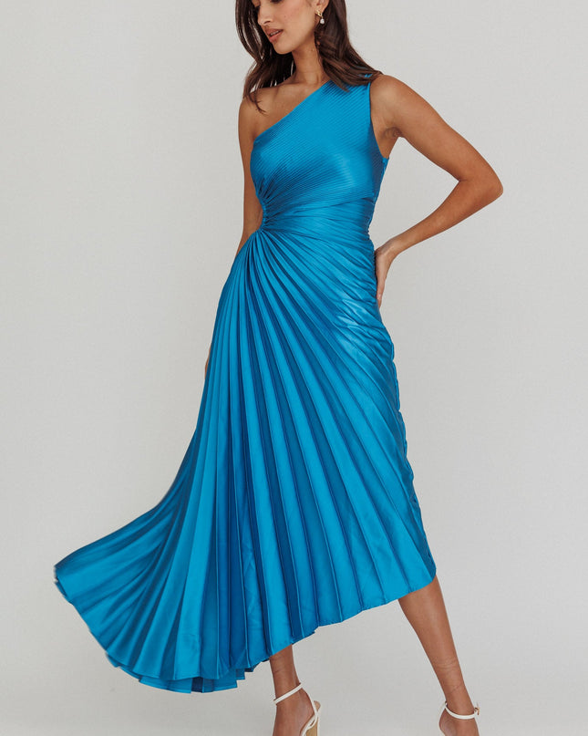 Teal One-Shoulder Accordion Pleat Satin Midi Dress