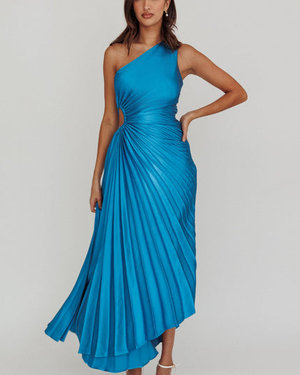 Teal One-Shoulder Accordion Pleat Satin Midi Dress