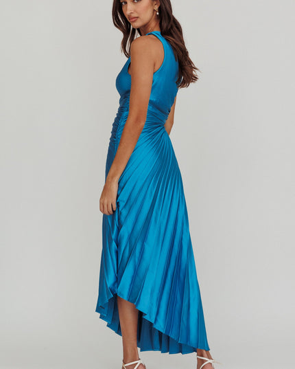 Teal One-Shoulder Accordion Pleat Satin Midi Dress