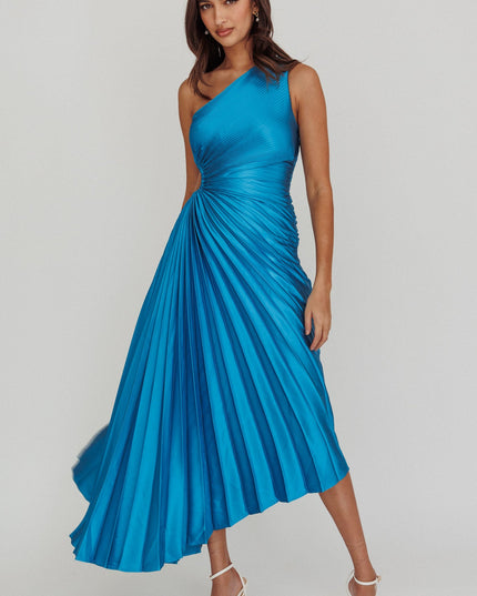 Teal One-Shoulder Accordion Pleat Satin Midi Dress