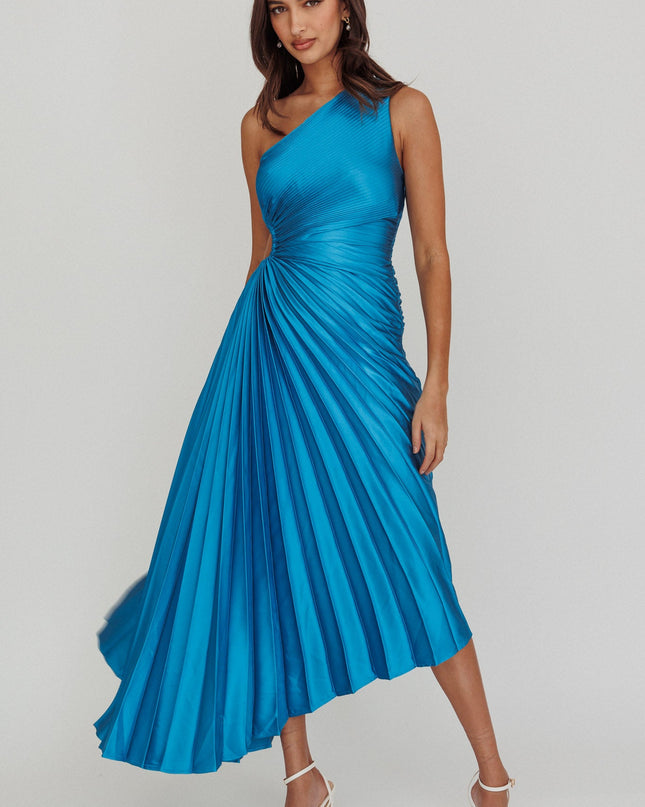 Teal One-Shoulder Accordion Pleat Satin Midi Dress