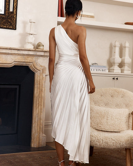 White One-Shoulder Accordion Pleat Dress