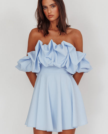 Blue Off-Shoulder A-Line Mini Dress