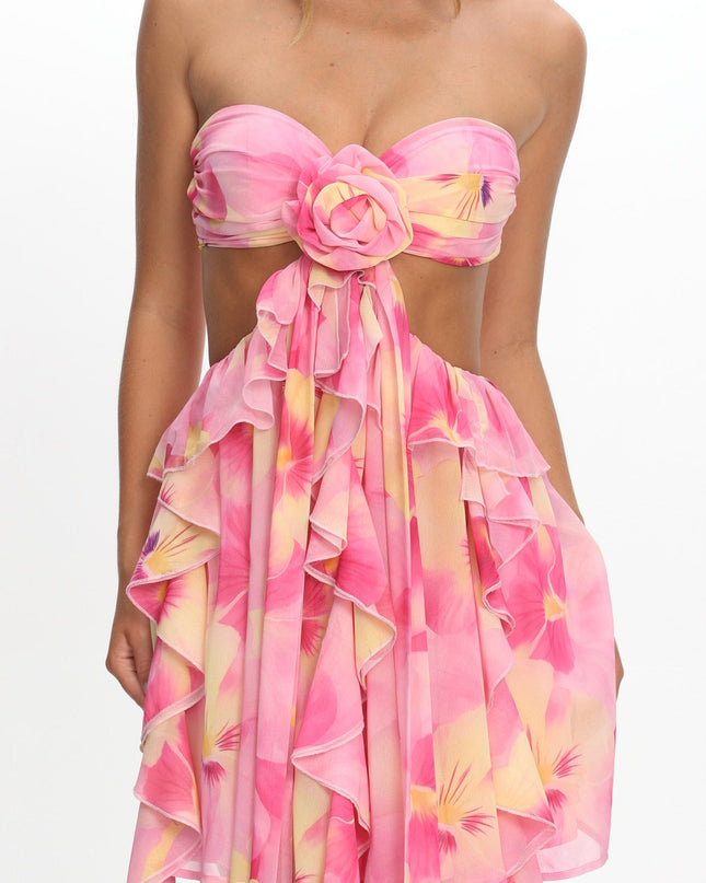 Pink Cut-Out Ruffle Mini Dress Print