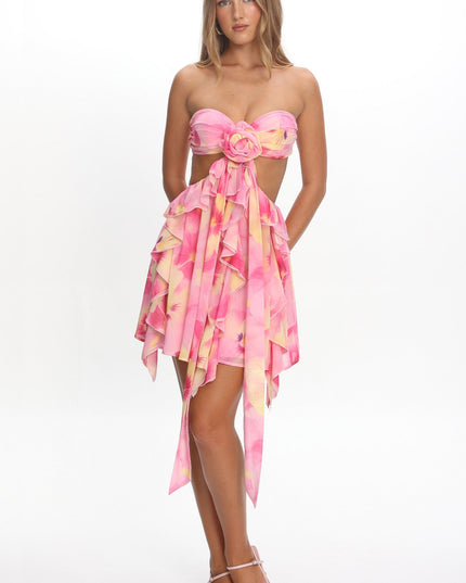 Pink Cut-Out Ruffle Mini Dress Print