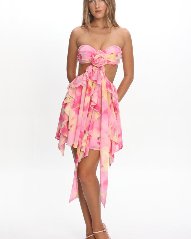 Pink Cut-Out Ruffle Mini Dress Print
