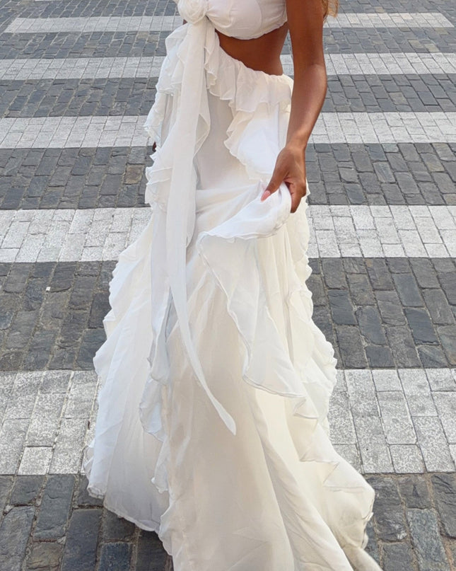 White Cut-Out Ruffle Maxi Dress