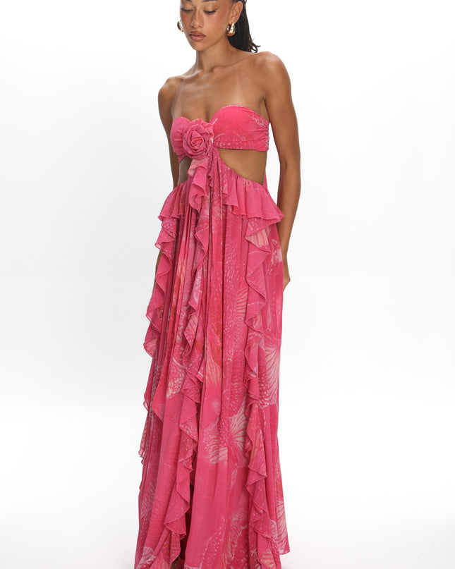 Pink Cut-Out Ruffle Maxi Dress Print