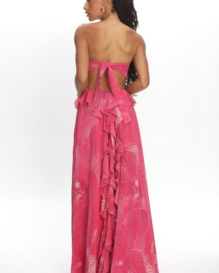 Pink Cut-Out Ruffle Maxi Dress Print