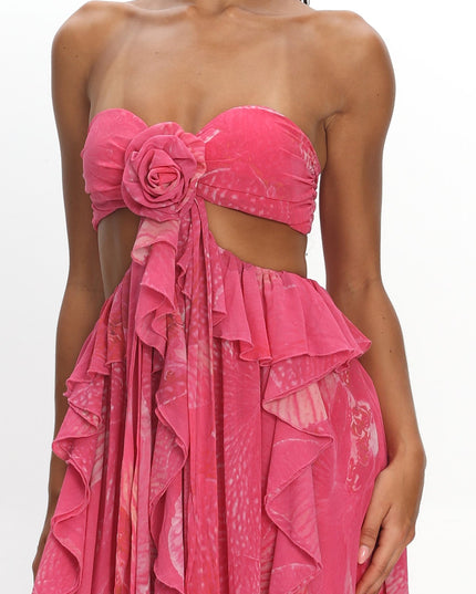 Pink Cut-Out Ruffle Maxi Dress Print