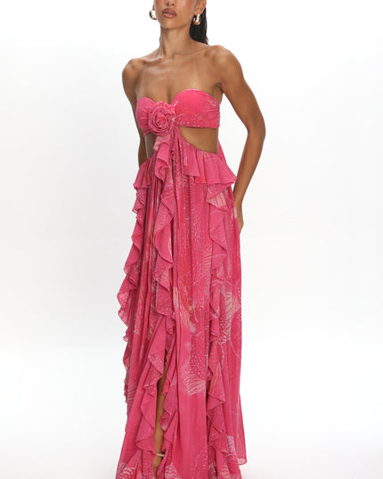 Pink Cut-Out Ruffle Maxi Dress Print