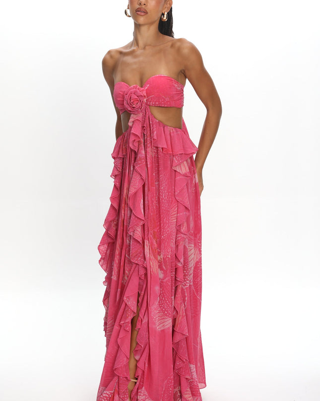 Pink Cut-Out Ruffle Maxi Dress Print