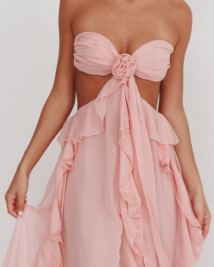 Blush Cut-Out Ruffle Maxi Dress