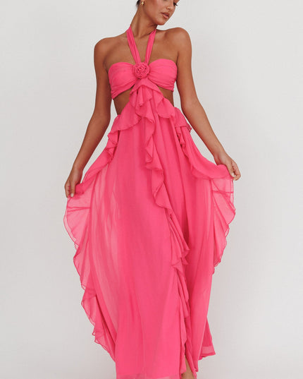 Fuchsia Cut-Out Ruffle Maxi Dress