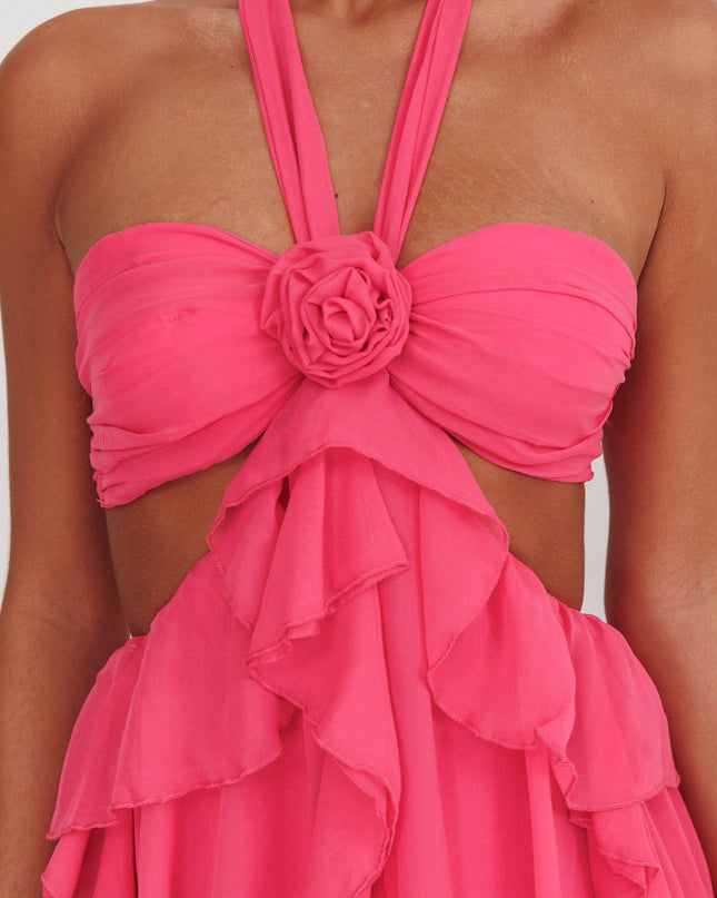 Fuchsia Cut-Out Ruffle Maxi Dress