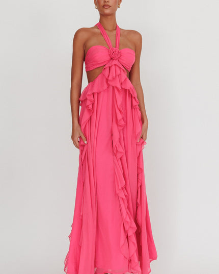 Fuchsia Cut-Out Ruffle Maxi Dress