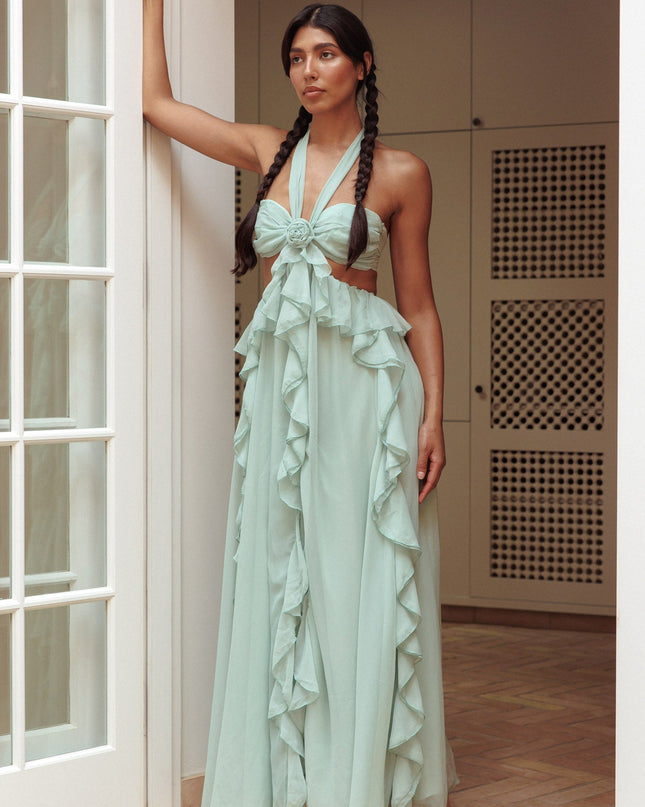 Sage Cut-Out Ruffle Maxi Dress
