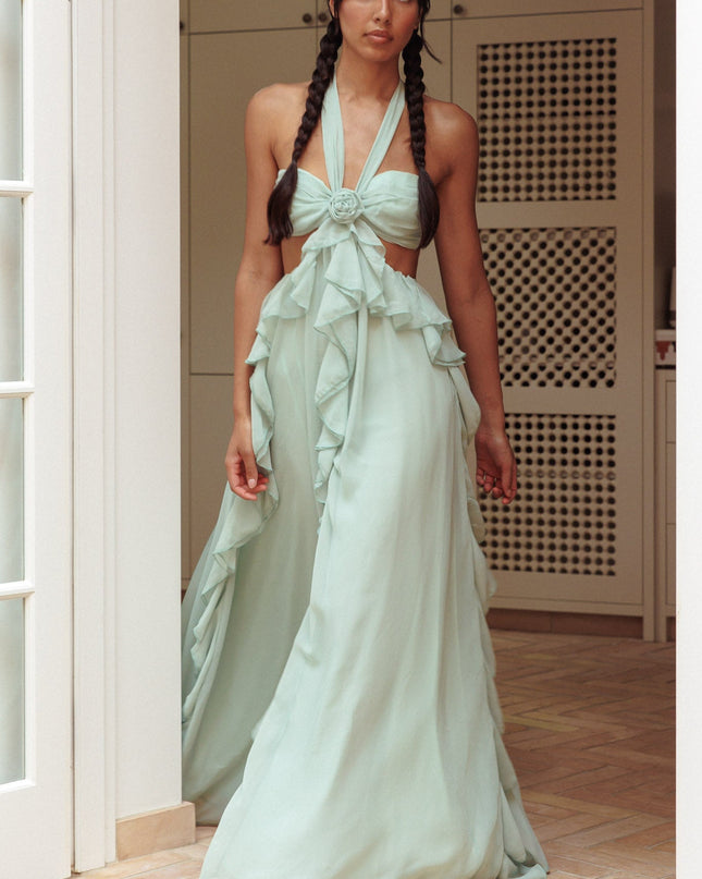 Sage Cut-Out Ruffle Maxi Dress