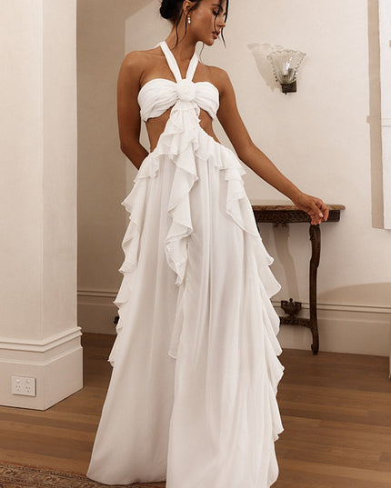 White Cut-Out Ruffle Maxi Dress