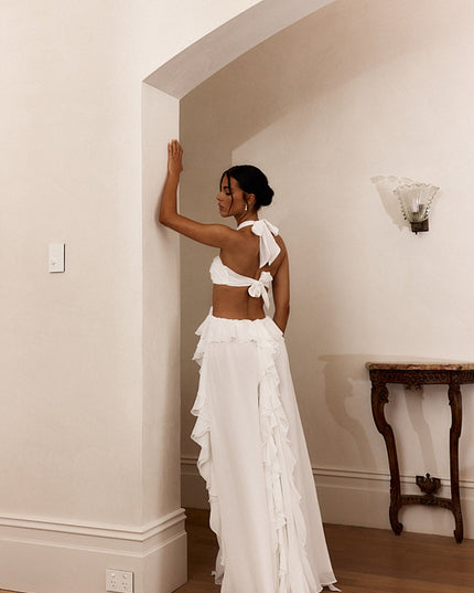 White Cut-Out Ruffle Maxi Dress