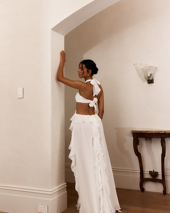 White Cut-Out Ruffle Maxi Dress