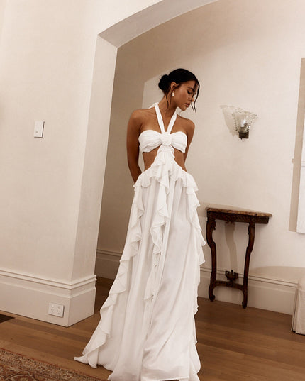 White Cut-Out Ruffle Maxi Dress