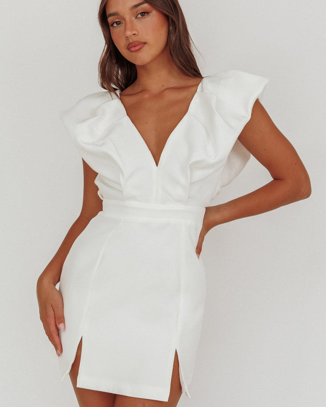 White Bubble Sleeve V-Neckline Mini Dress