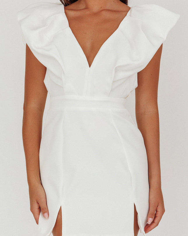 White Bubble Sleeve V-Neckline Mini Dress
