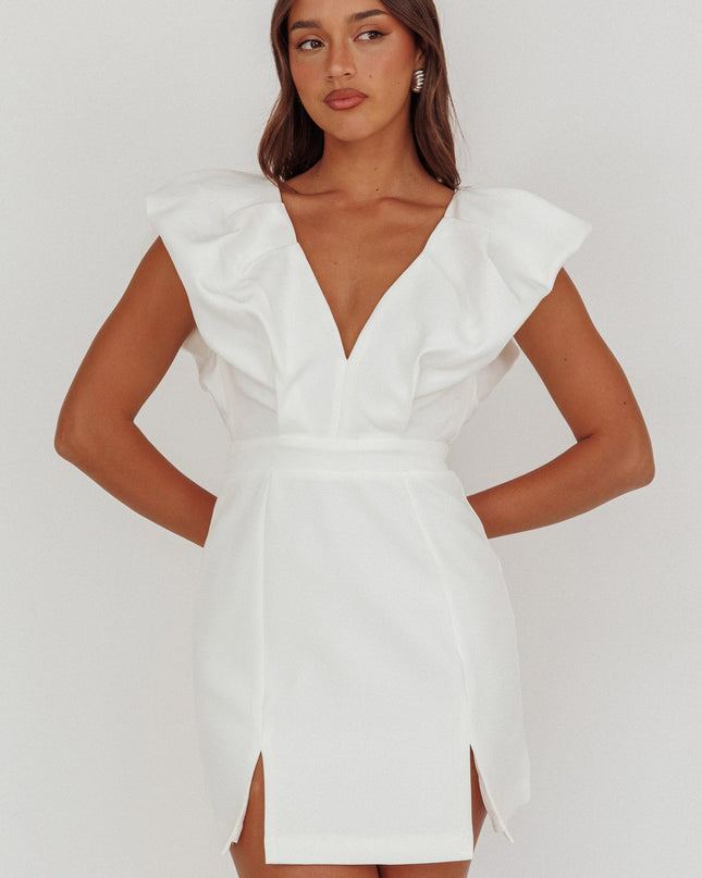 White Bubble Sleeve V-Neckline Mini Dress
