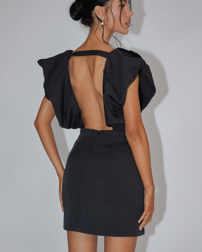 Black Bubble Sleeve V-Neckline Mini Dress