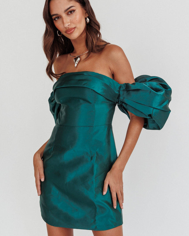 Hunter Green Puff Sleeve Strapless Mini Dress