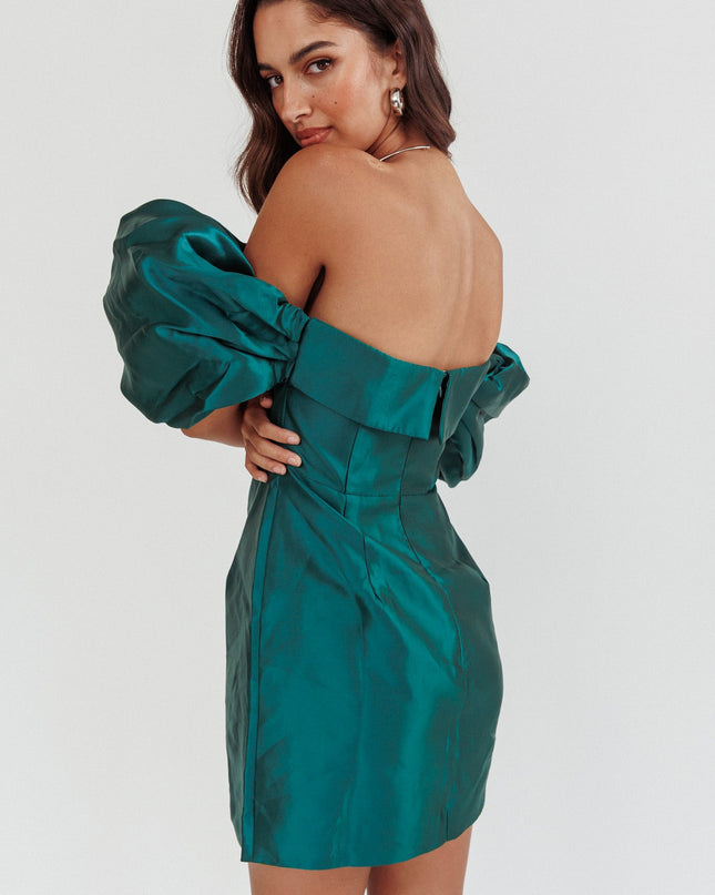 Hunter Green Puff Sleeve Strapless Mini Dress