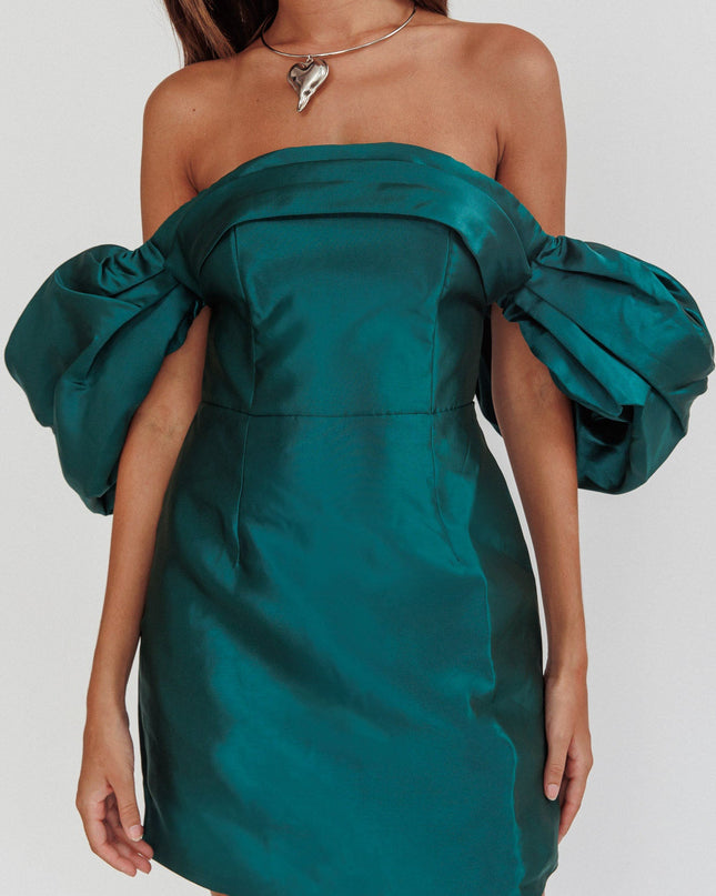 Hunter Green Puff Sleeve Strapless Mini Dress