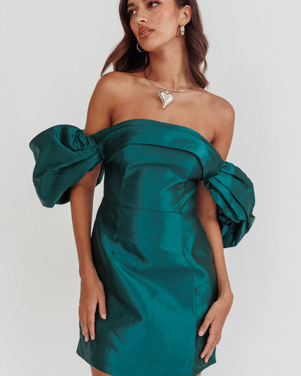 Hunter Green Puff Sleeve Strapless Mini Dress