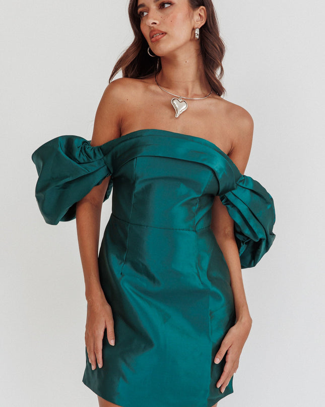 Hunter Green Puff Sleeve Strapless Mini Dress