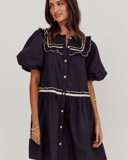 Navy Puff Sleeves Ruffle Mini Dress