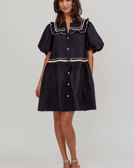 Navy Puff Sleeves Ruffle Mini Dress