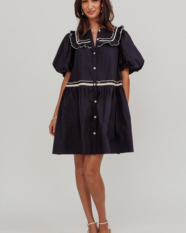 Navy Puff Sleeves Ruffle Mini Dress
