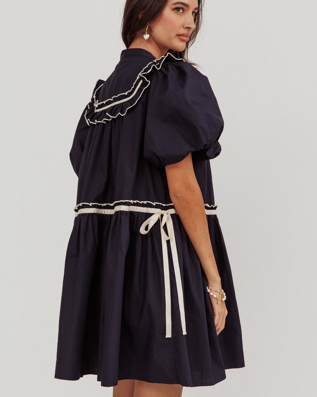 Navy Puff Sleeves Ruffle Mini Dress