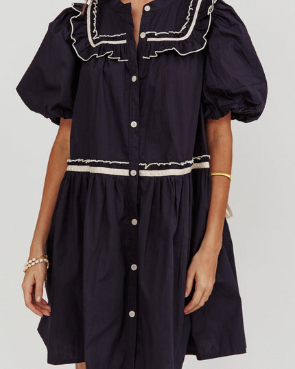 Navy Puff Sleeves Ruffle Mini Dress