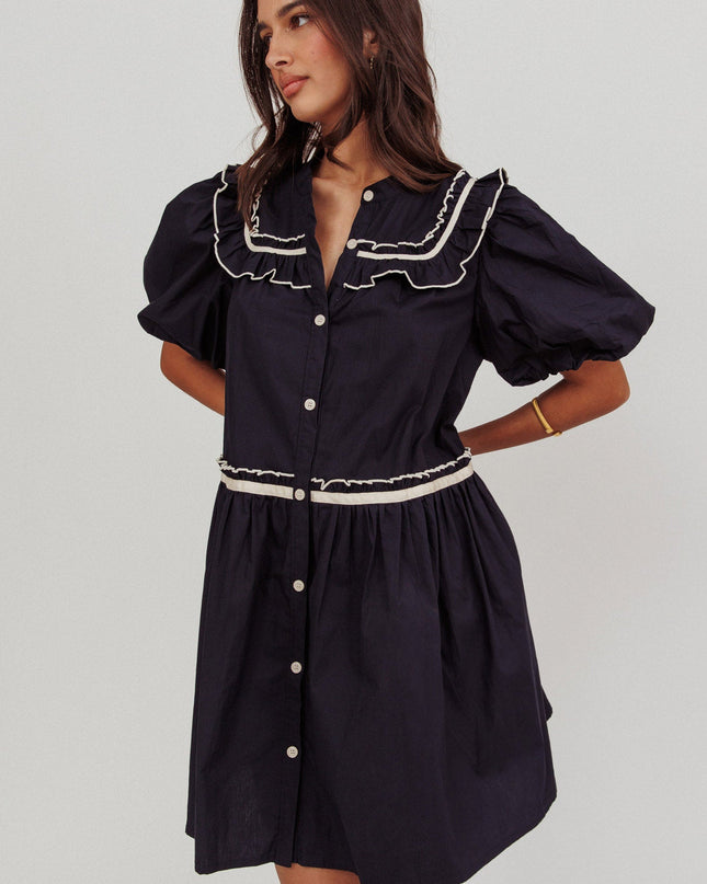 Navy Puff Sleeves Ruffle Mini Dress