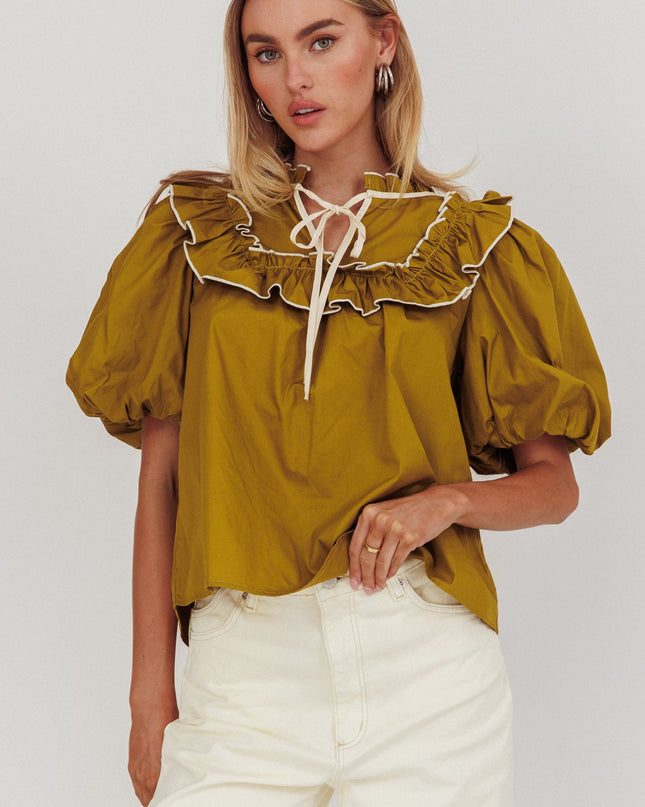 Olive Puff Sleeve Tied Neck Top