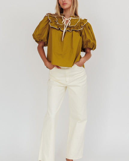 Olive Puff Sleeve Tied Neck Top