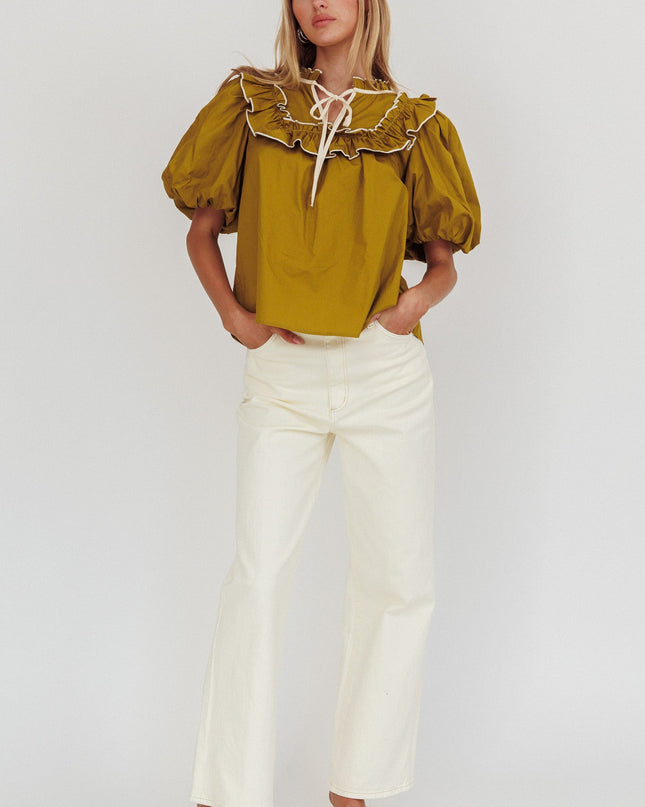 Olive Puff Sleeve Tied Neck Top