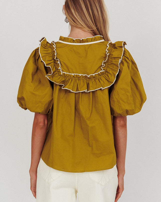 Olive Puff Sleeve Tied Neck Top