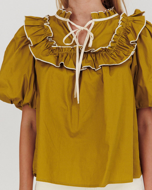 Olive Puff Sleeve Tied Neck Top